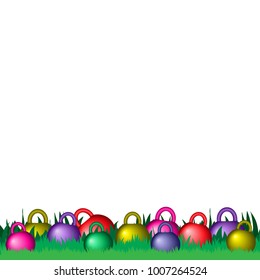 Dyed Easter kettlebells on the green grass isolated. Easter greetings card for the gym, fitness club or any sport activity center