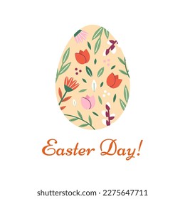 Dyed egg with floral print inside. Easter Day concept illustration. Modern minimalist spring vector design. Perfect for a decorated social media post, poster, cover or postcard.