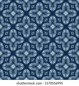 Dyed Indigo Blue Batik Cross Texture. Variegated Tie Dye Floral Background. Japan Indonesian Ethnic Seamless Pattern. Distressed Irregular Bleach Fade Effect Textile. All Over Print. Vector Eps 10