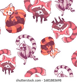 Dyed small panda, racoon and lemur on white backdrop. Seamless pattern for wrapping paper, sleeper, bath tile, apparel or bed linen. Phone case or cloth print. Cartoon style stock vector illustration