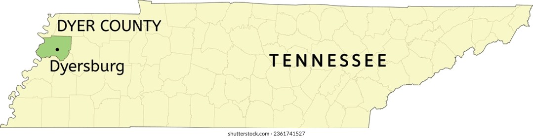 Dyer County and city of Dyersburg location on Tennessee state map