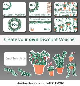 Constructor DYI para regalo o descuento juego de vales con planta verde brillante y pimienta de chile rojo en macetas. Vector plano