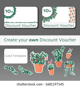 DYI constructor for gift or discount voucher set with bright green plant and red chili pepper in pots. Flat vector