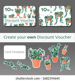 DYI constructor for gift or discount voucher set with bright green plant and red chili pepper in pots. Flat vector