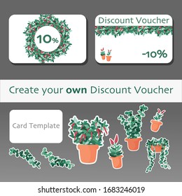 DYI constructor for gift or discount voucher set with bright green plant and red chili pepper in pots. Flat vector