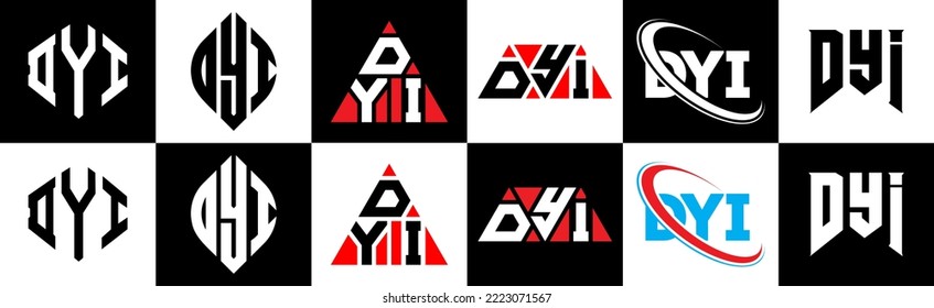 DYI letter logo design in six style. DYI polygon, circle, triangle, hexagon, flat and simple style with black and white color variation letter logo set in one artboard. DYI minimalist and classic logo