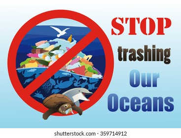 Dying marine animals and birds near the pile of plastic waste in the ocean framed by prohibiting sign. Dolphin calls for help. Turtle eating cellophane package.