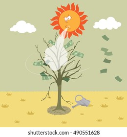 Dying money tree with sun, vector illustration cartoon