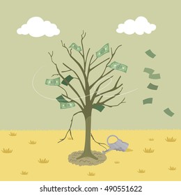 Dying money tree, vector illustration cartoon