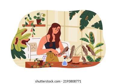 Dying potted home plants with ailing damaged leaf. Person caring about bad unhealthy houseplants with ailment, problem, droopy leaves. Flat graphic vector illustration isolated on white background