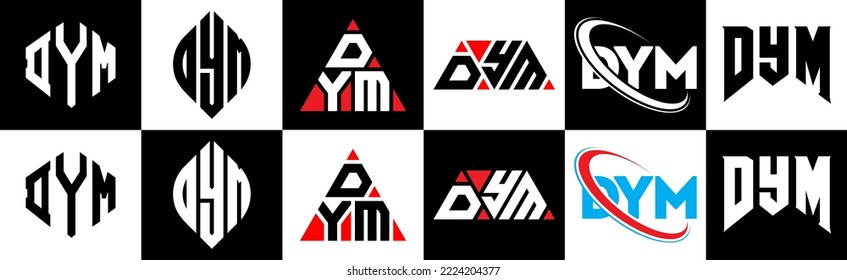 DYM letter logo design in six style. DYM polygon, circle, triangle, hexagon, flat and simple style with black and white color variation letter logo set in one artboard. DYM minimalist and classic logo