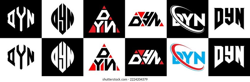 Diseño del logo de la carta DYN en seis estilos. Polígono DYN, círculo, triángulo, hexágono, de estilo plano y sencillo con el logotipo de la letra de variación en color blanco y negro en un tablero. Logo minimalista y clásico de DYN