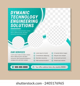 dynami technology engineering solutions social media post template. promotion square web banner for manufacture factory. green element with grey gradient. space photo collage and text.