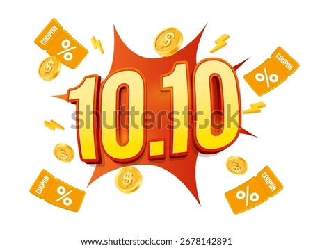 Dynamic 10.10 sale banner with bold yellow text, explosion background, flying coupons, gold coins, and lightning icons for promotional events. 3d vector illustration