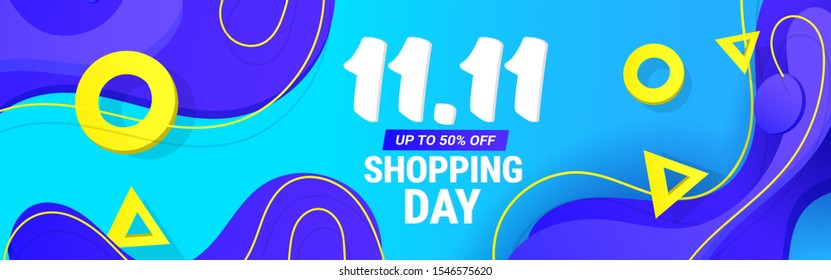 Dynamic 11.11 texture design sale discount banner template with wave liquid shape on gradient lilac background.