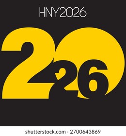 Dynamic  2026 Graphic Design: Oversized Yellow and Black Interlocking on a Dark Background, Ideal for High-Impact New Year's Eve Posters, Minimalist Digital Banners, and Modern Corporate Celebrations
