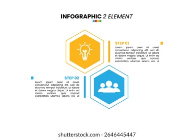 Modelo infográfico dinâmico de 2 etapas com elementos hexagonais. Perfeito para mostrar ideias ou processos em apresentações, relatórios de negócios e conteúdo educacional. Facilmente personalizável