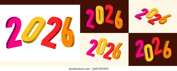 Colección numérica dinámica en 3D 2026 para saludos de Nuevo año, Diseños de calendario y conceptos de planificación futura, vibrantes gráficos de celebración de Festiva