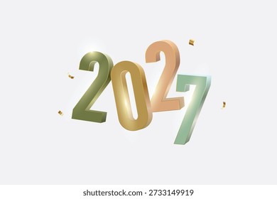 Dynamic 3D 2027 New Year Text with Pastel Metallic Colors and Gold Confetti