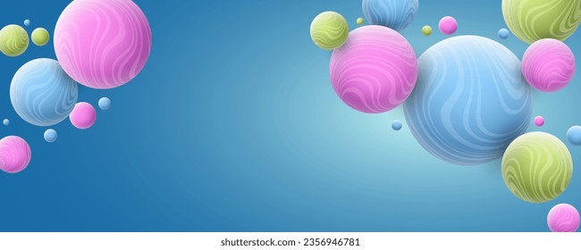 Dynamic 3d bubbles with colorful wavy striped pattern. Flying spheres on blue background for your cover design. Vector illustration. EPS 10.