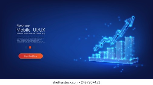 Dynamic 3D Economic Growth Chart in Neon Wireframe Style. Polygonal wire frame low poly mash looks like constellation arrow growth in blue neon color. Vector illustration