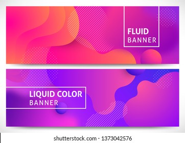 Dynamic 3D Fluid shapes horizontal banners set. Abstract modern liquid color Background. For presentation, cover, flyer, web, header, page, brochure. Vector illustration