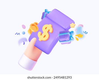 A dynamic 3D illustration showcasing a hand holding a winning ticket, bursting with excitement and colorful elements. For creative projects related to success, rewards, or winning.