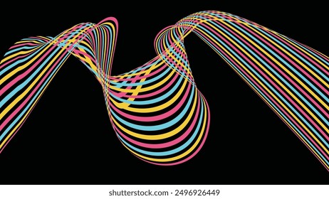 Dynamic 3D Line Wave Art with Optical Illusion Effect on Black Background