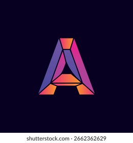 Ein dynamisches 3D-Logo des Buchstabens 'A' aus abstrakten, geometrischen Edelsteinfacetten. Die Farbverläufe schaffen ein modernes, luxuriöses und technologisches Ambiente.