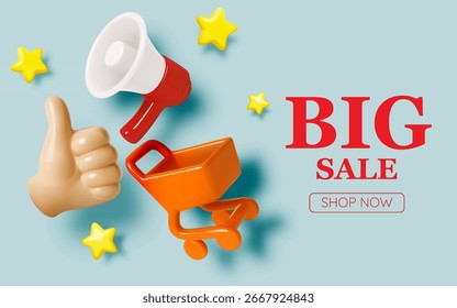 Anuncio dinámico de venta en 3D con brillantes íconos de compras, incluido un Carrito, bolso, relámpagos y megáfono sobre un fondo suave.