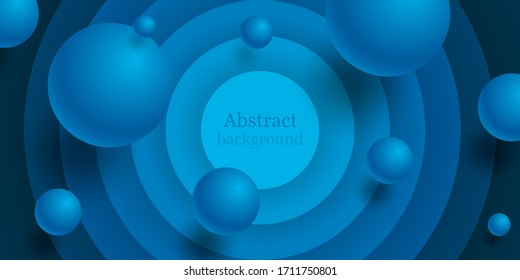 Dynamische 3D-Kugeln und Kreise aus Papierschnitt. Abstrakter Hintergrund mit realistischen blauen Bälle. Vektorillustration mit Bläschen. Horizontal blauer Banner. Design-Broschüre, Cover, Broschüre, Tapete