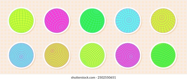 Dynamic 3D sticker collection of wireframe grid spheres. Abstract globe shapes with neon colors in a Y2K aesthetic. Vibrant pattern for tech and digital designs, perfect for a retro futuristic vibe.