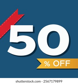 Dynamic 50% OFF Promotion with Blue Background and Red Ribbon