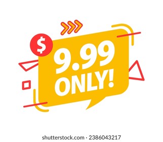 Diseño dinámico 9.99 sólo de etiquetas de precio en rojo y amarillo con elementos gráficos modernos. Ilustración de material vectorial