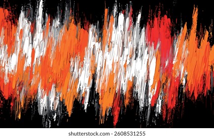 Dynamic abstract art background with bold orange, red, and white brushstrokes on black. Abstract art background. Oil painting on canvas texture. Fragment of artwork. Brushstrokes of paint. Modern art.