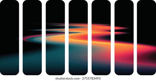 Dynamic abstract art featuring flowing lines of light in shades of orange, yellow, and teal, creating a sense of movement and energy.