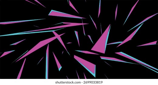 Dynamic abstract art featuring geometric shapes in pink and blue, set against a stark black backdrop, creating a modern and energetic visual.