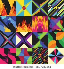 Dynamic abstract art featuring overlapping colorful geometric shapes and sharp lines