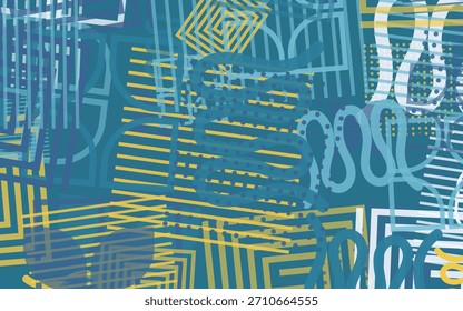 Arte abstrata dinâmica com formas geométricas e orgânicas em camadas em azul, azul escuro e amarelo, com linhas, pontos e espirais para um design moderno, vibrante e intrincado. Ideal para layouts digitais.