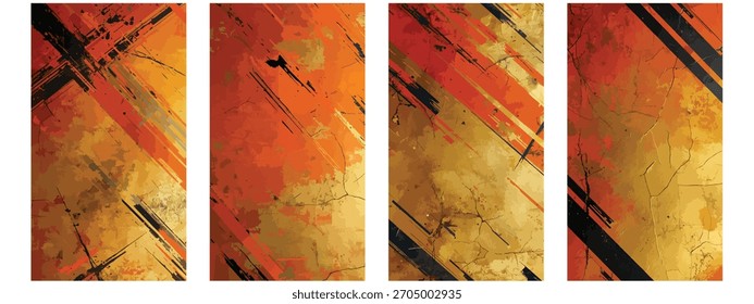 Dynamic abstract art panels with vibrant orange and gold, perfect for modern artistic backgrounds and designs