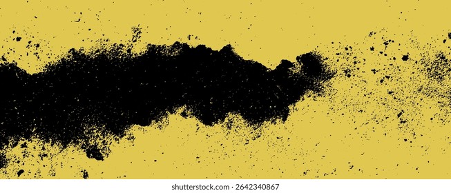 Trabalho artístico abstrato dinâmico com um padrão de mancha preta em negrito contra um plano de fundo amarelo brilhante, criando um contraste visual impressionante.