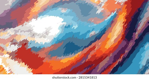 Dynamic abstract artwork featuring bold color swirls and textured brushstrokes in vivid blue, red, orange, and white tones.