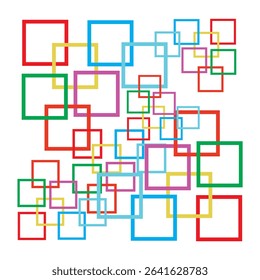 Dynamic abstract artwork featuring colorful overlapping squares. The design showcases vivid red, blue, green, and yellow tones, forming a geometric representation emphasizing minimalism and modern art