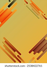 Dynamic abstract artwork featuring elongated geometric shapes in vibrant shades of orange, red, and green against a yellow background. The composition creates a visually engaging and energetic patter.