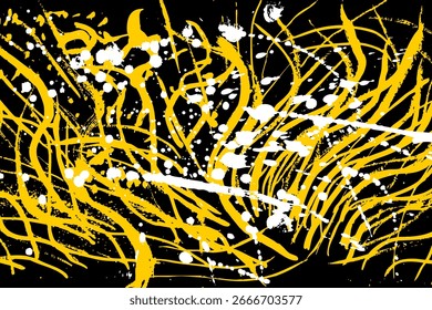 Dynamic abstract artwork featuring energetic yellow strokes and bold white splatters on a deep black background. The composition showcases motion, contrast, and expressive paint textures.