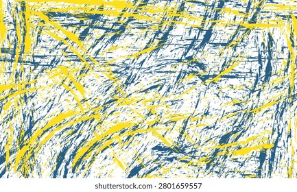 A dynamic abstract artwork featuring intersecting yellow and blue lines on a white base, creating a textured and expressive visual effect with bold colors and energetic brushstrokes.