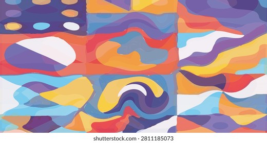 A dynamic abstract artwork featuring a mosaic of organic shapes and fluid lines in a rich palette of purple, orange, blue, yellow, and red, creating a sense of movement and harmony.