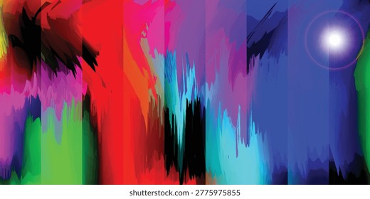 A dynamic abstract artwork featuring vertical stripes in red, pink, purple, blue, and green hues with bold brush strokes and a radiant white light.