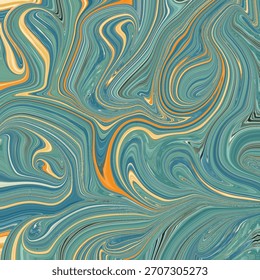 Una obra de arte abstracta dinámica con vibrantes remolinos de color verde azulado, naranja y oro que forman una textura fluida y un patrón fluido. Perfecto para un diseño moderno que requiere imágenes audaces y dinámicas.