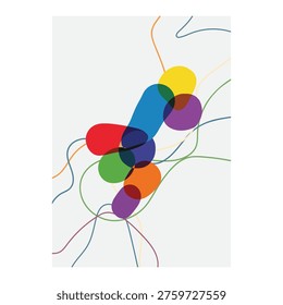 A dynamic abstract artwork with overlapping colorful shapes and intersecting lines on a clean white canvas